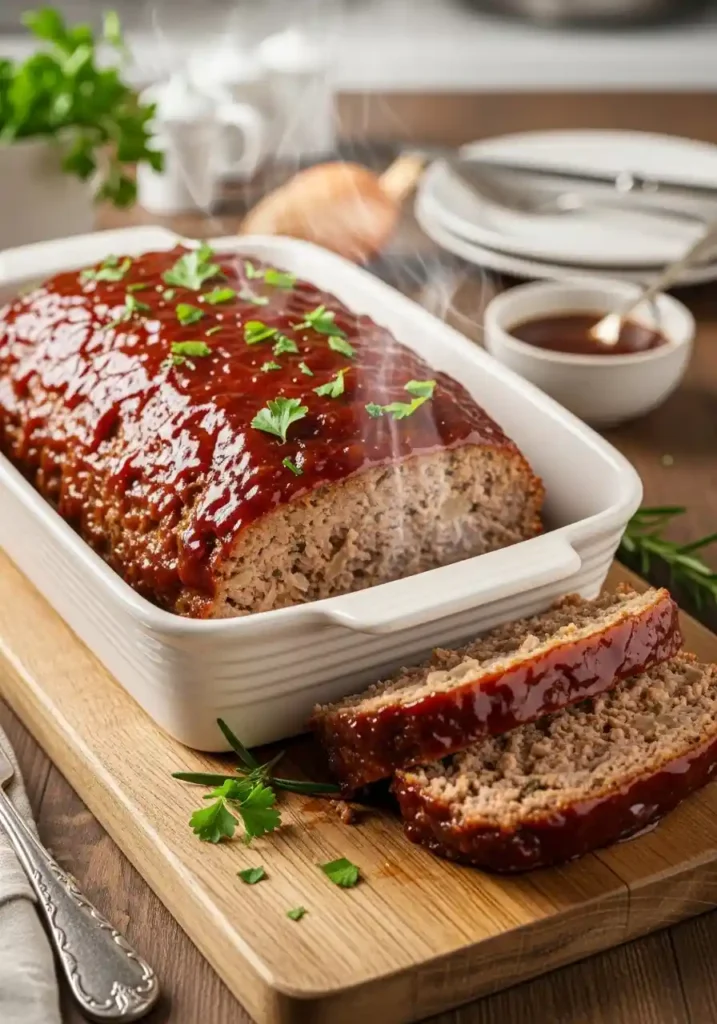 "A close-up of a freshly sliced Lipton Onion Soup Meatloaf, showing a shiny, sweet, and tangy glaze over the baked exterior and the moist, tender, savory interior of the slice. It is garnished with fresh parsley and rosemary on a rustic wooden cutting board, with the main loaf in an oven dish in the softly blurred background."