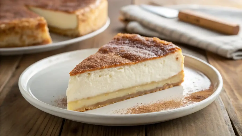 "A perfectly cut slice of golden-brown sopapilla cheesecake, topped generously with glistening cinnamon sugar, stands on a white dessert plate. The creamy white cream cheese filling is clearly visible between the two flaky crescent roll layers."