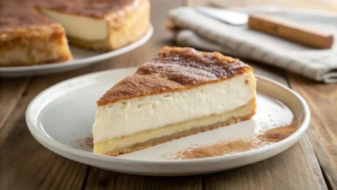 "A perfectly cut slice of golden-brown sopapilla cheesecake, topped generously with glistening cinnamon sugar, stands on a white dessert plate. The creamy white cream cheese filling is clearly visible between the two flaky crescent roll layers."