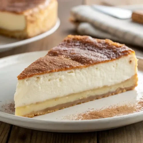 "A perfectly cut slice of golden-brown sopapilla cheesecake, topped generously with glistening cinnamon sugar, stands on a white dessert plate. The creamy white cream cheese filling is clearly visible between the two flaky crescent roll layers."