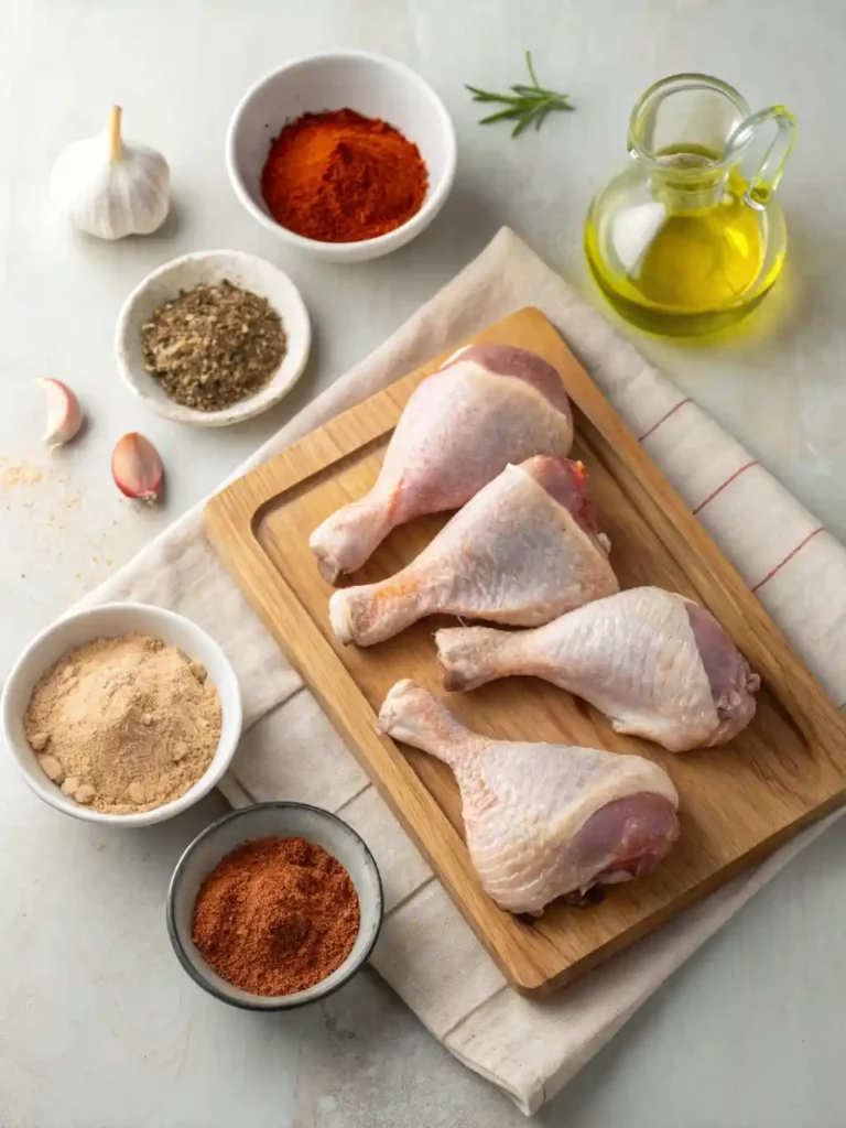 "A top-down view of all the raw ingredients for crispy baked chicken leg quarters arranged on a rustic wooden surface. It includes four raw chicken leg quarters, small bowls of vibrant red smoked paprika, fine white granulated garlic, and light brown onion powder, and a clear glass cruet of golden olive oil."