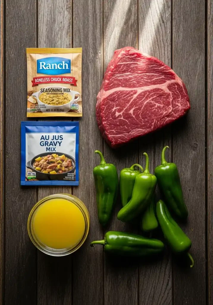"Overhead view of all the ingredients needed for Mississippi Pot Roast, including a raw beef chuck roast, packets of ranch and au jus seasoning, a jar of pepperoncini juice, and whole pepperoncini peppers, arranged on a rustic wooden table."