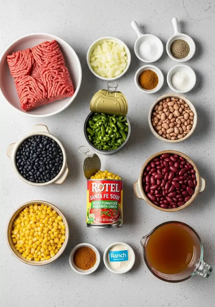"A vibrant overhead flat lay photograph showcasing all the raw and canned ingredients for Santa Fe Soup on a light grey background. Key ingredients include ground beef, chopped yellow onion, pinto beans, black beans, kidney beans, green chiles, Shoepeg corn, Rotel tomatoes, taco seasoning, ranch seasoning, beef broth, salt, pepper, and cumin, all neatly arranged."