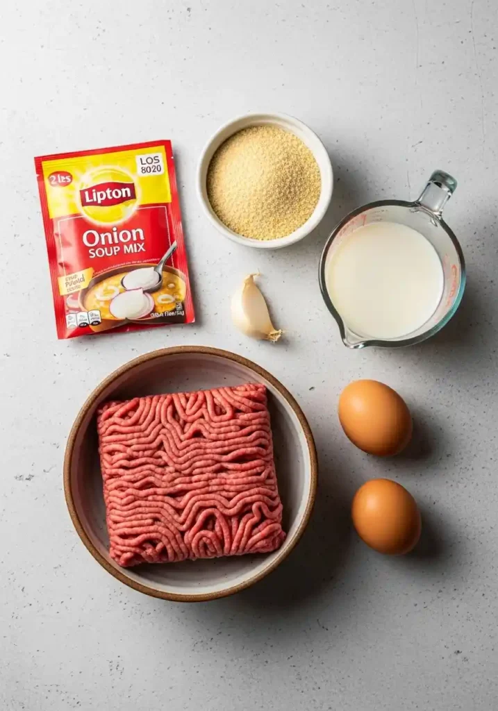 "A flat lay image showcasing the fresh ingredients for Lipton Onion Soup Meatloaf: a bowl of raw ground beef, a packet of Lipton Onion Soup Mix, a bowl of breadcrumbs, two whole eggs, and a glass of milk, all neatly arranged on a light grey countertop."