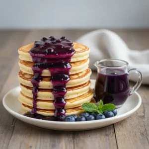 "A close-up of a stack of fluffy pancakes generously drizzled with thick, glossy blueberry syrup. Fresh blueberries and a sprig of mint garnish the plate, with a small pitcher of syrup nearby on a rustic wooden surface."
