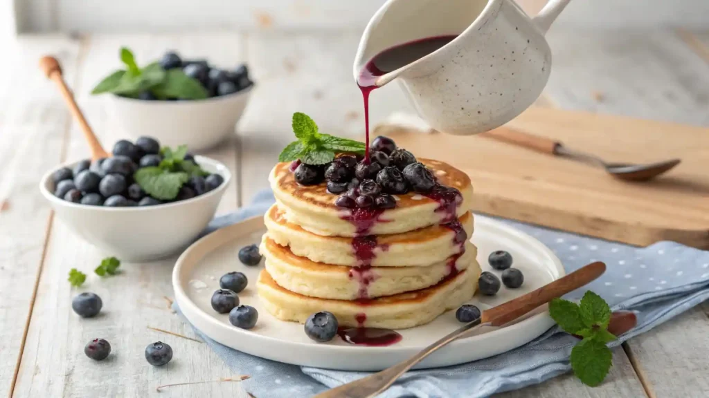 "A close-up, high-angle shot of thick, homemade blueberry syrup being poured from a white ceramic pitcher onto a stack of golden pancakes, garnished with fresh blueberries and mint leaves on a light wooden table."