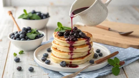 "A close-up, high-angle shot of thick, homemade blueberry syrup being poured from a white ceramic pitcher onto a stack of golden pancakes, garnished with fresh blueberries and mint leaves on a light wooden table."