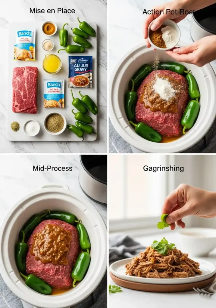 "A four-panel collage showing the preparation steps for Mississippi Pot Roast. Panel one: a flat lay of ingredients including a raw chuck roast, ranch and au jus seasoning packets, pepperoncini, and juice. Panel two: hands sprinkling seasoning over the roast in a slow cooker. Panel three: the seasoned roast with pepperoncini in the slow cooker insert before cooking. Panel four: a close-up of shredded pot roast garnished with fresh herbs or a pepperoncini on a plate."