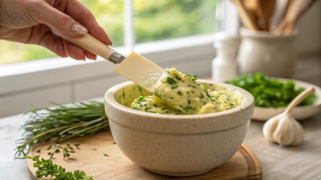 A close-up of a hand mixing softened yellow butter with vibrant green chopped parsley, chives, thyme, and white minced garlic in a light ceramic bowl using a silicone spatula, showing the ingredients thoroughly incorporated.