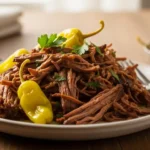 "A close-up of a beautifully plated serving of shredded Mississippi Pot Roast, rich brown gravy, garnished with fresh green parsley and bright yellow pepperoncini peppers, on a rustic ceramic plate set on a wooden table."