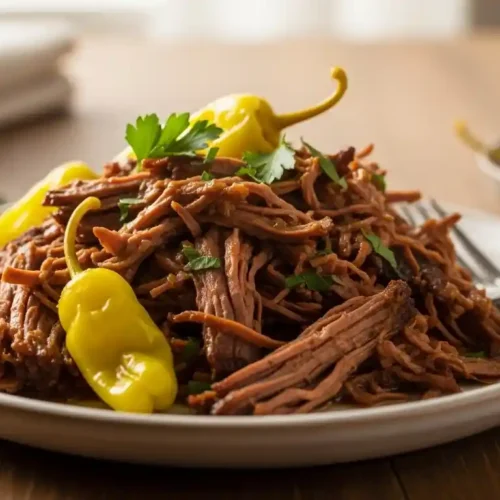 "A close-up of a beautifully plated serving of shredded Mississippi Pot Roast, rich brown gravy, garnished with fresh green parsley and bright yellow pepperoncini peppers, on a rustic ceramic plate set on a wooden table."