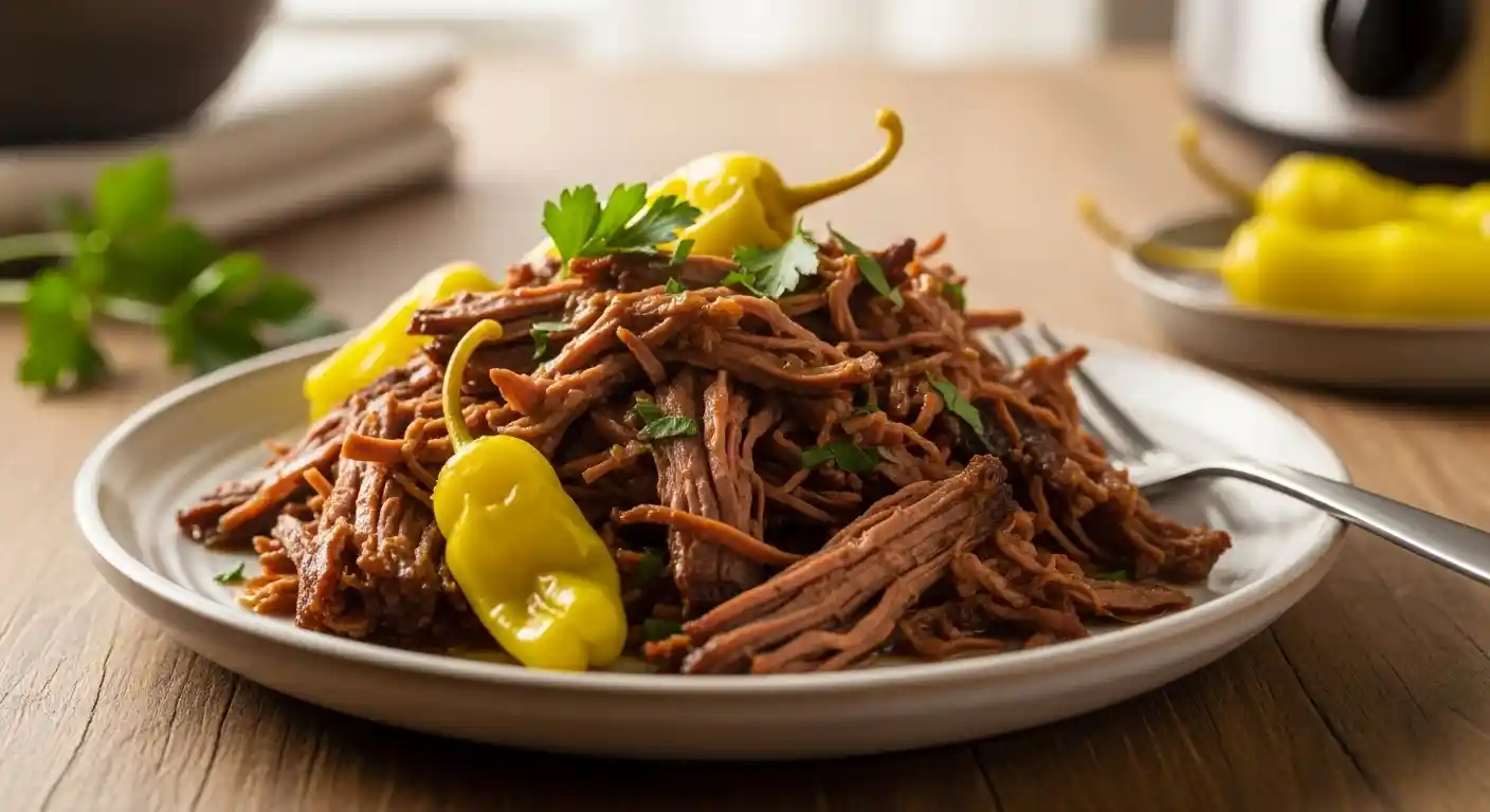 "A close-up of a beautifully plated serving of shredded Mississippi Pot Roast, rich brown gravy, garnished with fresh green parsley and bright yellow pepperoncini peppers, on a rustic ceramic plate set on a wooden table."