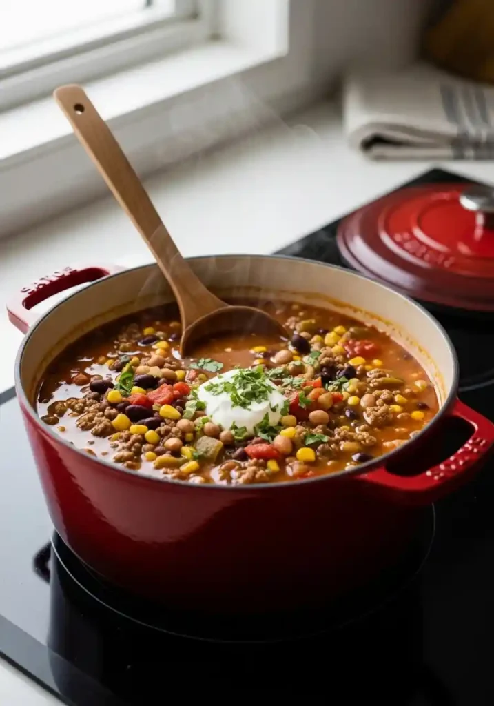 "A steaming, vibrant Santa Fe Soup in a rustic red enameled cast-iron Dutch oven with a wooden ladle, set on a modern stovetop. The hearty soup is rich with ground beef, pinto and black beans, corn, diced tomatoes, and green chiles, garnished with fresh cilantro and a dollop of sour cream."
