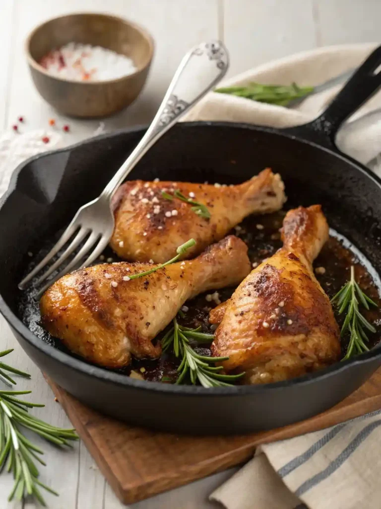 "Four golden-brown, crispy baked chicken leg quarters are presented in a rustic cast iron skillet, garnished with fresh rosemary. A fork gently pulls one piece apart, revealing the tender, juicy dark meat within."