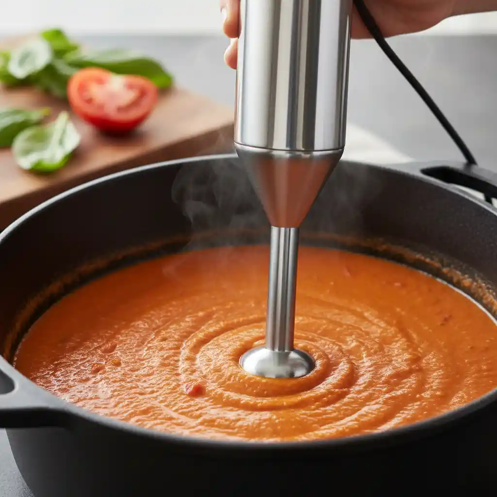 "Close-up of a hand using an immersion blender to purée vibrant orange-red tomato bisque soup in a black pot, creating a smooth and creamy texture."