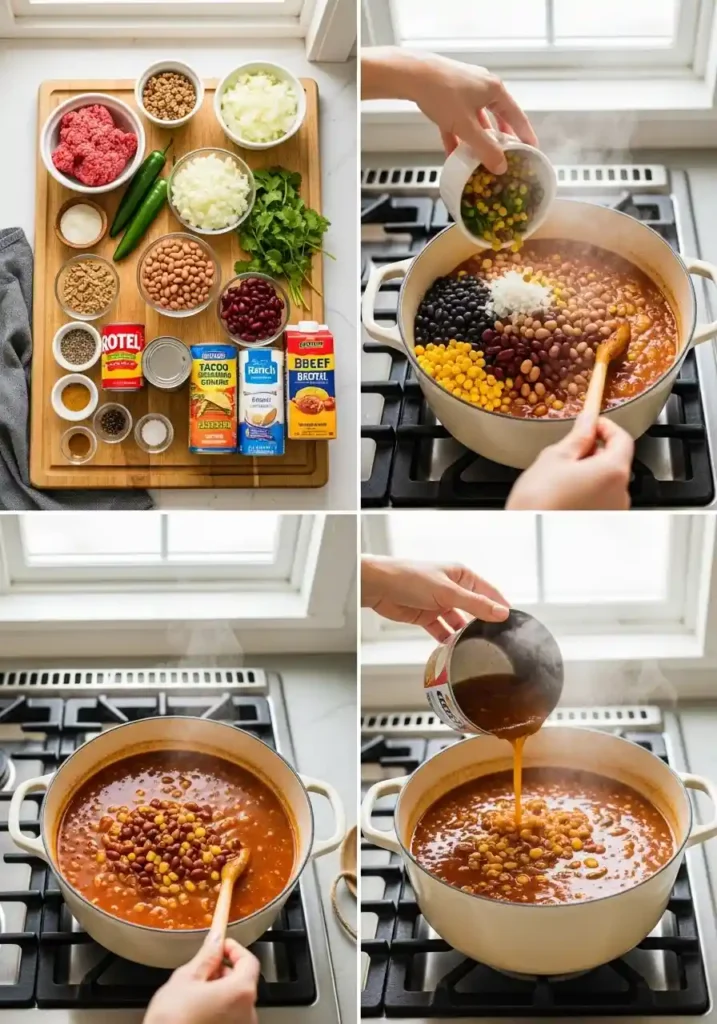 "A four-panel process collage illustrating the preparation of Santa Fe Soup. The first panel shows a flat lay of all ingredients. The second panel captures hands stirring beans, corn, and seasonings into a pot. The third panel features the soup simmering in a Dutch oven. The fourth panel shows hands garnishing a finished bowl of soup with cilantro."