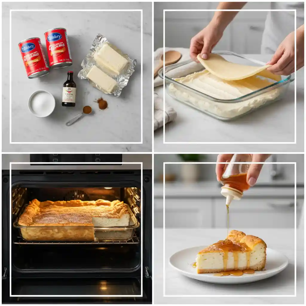 "A four-panel collage illustrating the step-by-step process of making sopapilla cheesecake. The top-left panel shows a flat lay of Pillsbury crescent roll dough, cream cheese, sugar, vanilla, and cinnamon. The top-right panel features hands carefully placing a layer of crescent roll dough over a cream cheese filling in a glass baking dish. The bottom-left panel displays a golden-brown sopapilla cheesecake baking in the oven. The bottom-right panel shows hands drizzling honey onto a slice of the finished cheesecake on a white plate."