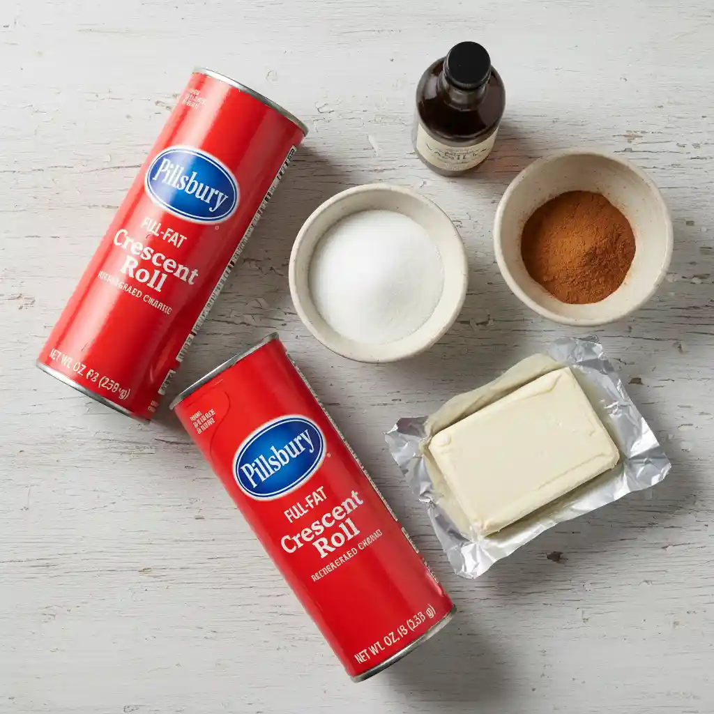 "A flat lay arrangement of the key ingredients for sopapilla cheesecake on a light rustic wooden surface, featuring two cans of Pillsbury crescent roll dough, two blocks of cream cheese (one unwrapped), a small bowl of granulated sugar, a small bowl of ground cinnamon, and a bottle of vanilla extract."
