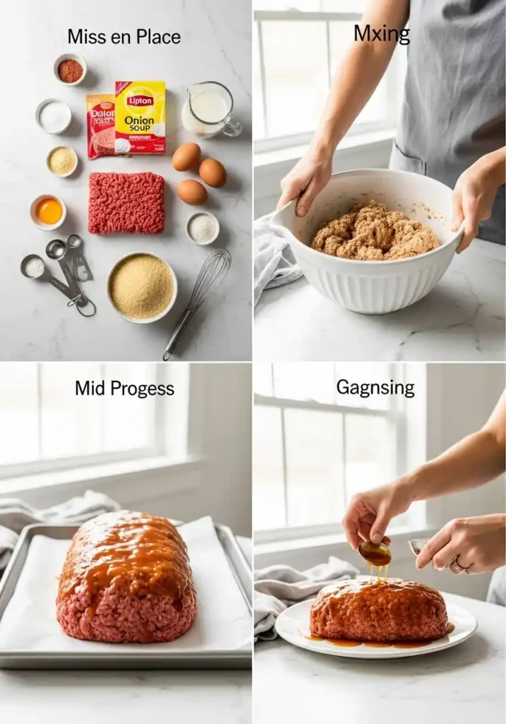 "A four-panel process collage illustrating the preparation of Lipton Onion Soup Mix meatloaf. The first panel shows a flat lay of ingredients: ground beef, soup mix, breadcrumbs, eggs, and milk on a marble surface. The second panel captures hands mixing the ingredients in a white bowl. The third panel displays a raw meatloaf, beautifully shaped and covered with a shiny glaze on a baking sheet. The fourth panel shows hands carefully brushing the glaze onto the meatloaf. The entire collage features a bright, clean aesthetic with natural light."