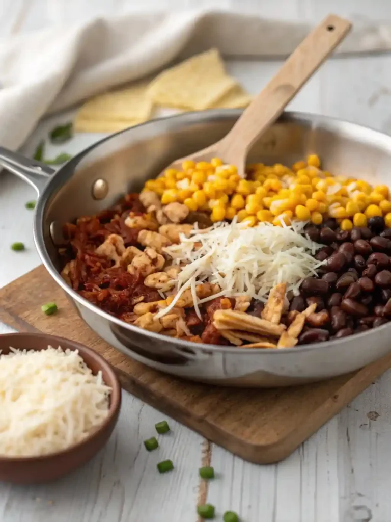 Close-up overhead view of a wooden spatula actively stirring shredded chicken, black beans, corn, and melting shredded white cheddar cheese in a stainless steel skillet on a wooden counter. Spices are visible throughout the warm, cohesive filling.