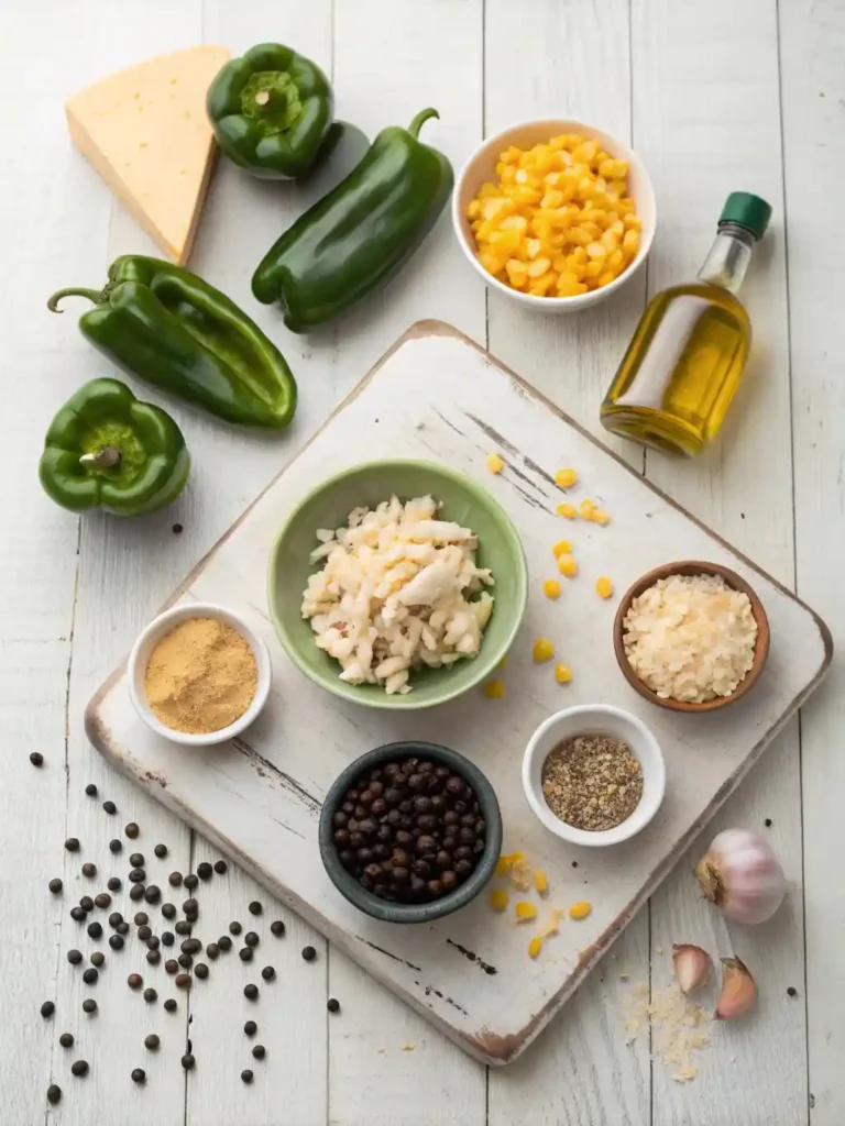 A top-down flat lay photograph displaying the fresh, prepped ingredients for stuffed poblano peppers. Four whole green poblano peppers are arranged alongside small bowls of shredded cooked chicken, black beans, shredded Monterey Jack cheese, diced yellow onion, and corn, with tiny dishes of various spices (cumin, chili powder, smoked paprika, salt, pepper) and a bottle of olive oil, all on a light rustic wooden background.