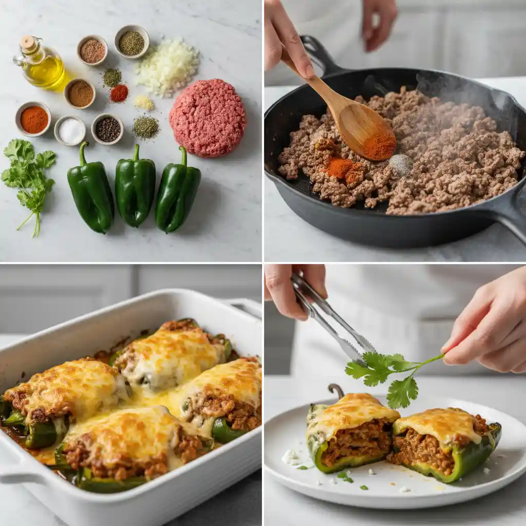 "A four-panel process collage showcasing the preparation of Stuffed Poblano Peppers. The top left panel features a flat lay of fresh poblano peppers, ground beef, onion, garlic, and various spices on a marble surface. The top right panel is a close-up action shot of hands stirring spices into ground beef in a cast iron skillet. The bottom left panel shows stuffed poblano peppers baking in a white ceramic dish, golden and bubbling. The bottom right panel depicts hands carefully garnishing a plated stuffed poblano pepper with a fresh cilantro sprig."