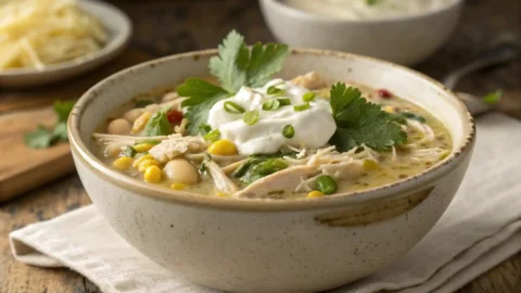 A steaming, creamy bowl of white chicken chili, generously garnished with fresh green cilantro and a swirl of sour cream, served in a rustic ceramic bowl on a warm wooden surface. Visible chunks of tender chicken and hearty white beans are present, with no corn in the dish, alongside a lime wedge on the rim.