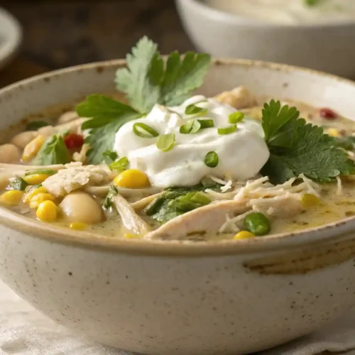 A steaming, creamy bowl of white chicken chili, generously garnished with fresh green cilantro and a swirl of sour cream, served in a rustic ceramic bowl on a warm wooden surface. Visible chunks of tender chicken and hearty white beans are present, with no corn in the dish, alongside a lime wedge on the rim.