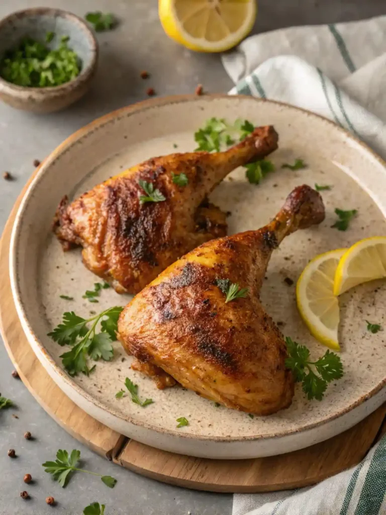 "Two golden-brown crispy baked chicken leg quarters, garnished with fresh parsley and a lemon wedge, served on a rustic ceramic plate against a softly blurred background."