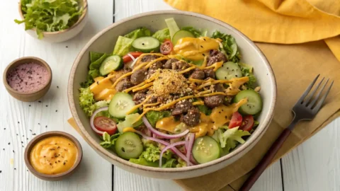 "A vibrant, overhead view of a Big Mac Salad served in a light-colored ceramic bowl. The salad features seasoned ground beef, shredded iceberg lettuce, cheddar cheese, dill pickles, and red onions, all generously coated in a creamy special sauce and topped with toasted sesame seeds. A silver fork is visible on the left side of the bowl."