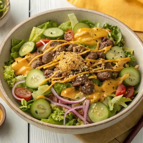 "A vibrant, overhead view of a Big Mac Salad served in a light-colored ceramic bowl. The salad features seasoned ground beef, shredded iceberg lettuce, cheddar cheese, dill pickles, and red onions, all generously coated in a creamy special sauce and topped with toasted sesame seeds. A silver fork is visible on the left side of the bowl."