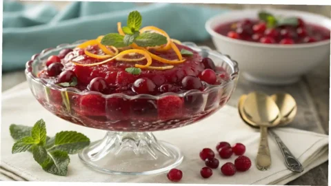 "A close-up, top-down shot of a vibrant red cranberry jello salad in a clear, elegant glass serving bowl, garnished with fresh cranberries, orange zest, and mint leaves, set against a soft, festive background."