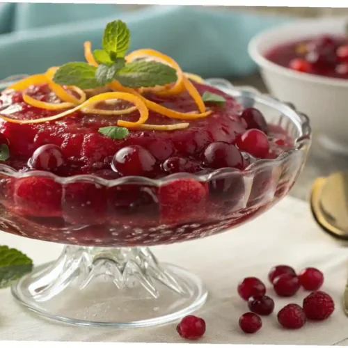 "A close-up, top-down shot of a vibrant red cranberry jello salad in a clear, elegant glass serving bowl, garnished with fresh cranberries, orange zest, and mint leaves, set against a soft, festive background."