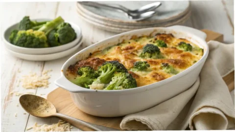 "A golden-brown, bubbly broccoli casserole in a white oval ceramic baking dish, with a serving scooped onto a rustic plate. Vibrant green broccoli florets are visible within the creamy cheese sauce, set on a light wooden surface with a silver serving spoon."