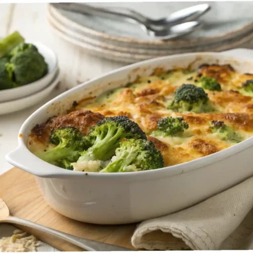 "A golden-brown, bubbly broccoli casserole in a white oval ceramic baking dish, with a serving scooped onto a rustic plate. Vibrant green broccoli florets are visible within the creamy cheese sauce, set on a light wooden surface with a silver serving spoon."
