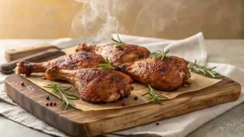 "Four perfectly baked chicken leg quarters with incredibly crispy, golden-brown skin and a sprinkle of fresh herbs, artfully arranged on a rustic wooden cutting board with a soft-focus background."