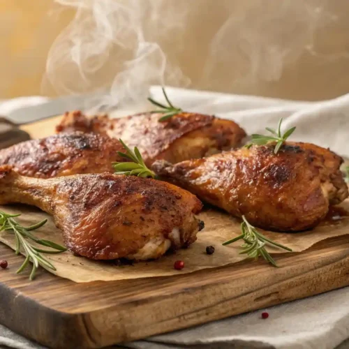 "Four perfectly baked chicken leg quarters with incredibly crispy, golden-brown skin and a sprinkle of fresh herbs, artfully arranged on a rustic wooden cutting board with a soft-focus background."