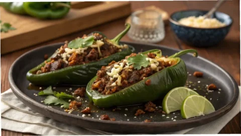 "Two vibrant green stuffed poblano peppers, one sliced open to reveal a savory ground beef and melted cheese filling, garnished with fresh cilantro and cotija cheese, served on a rustic dark plate."