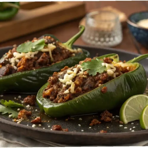 "Two vibrant green stuffed poblano peppers, one sliced open to reveal a savory ground beef and melted cheese filling, garnished with fresh cilantro and cotija cheese, served on a rustic dark plate."