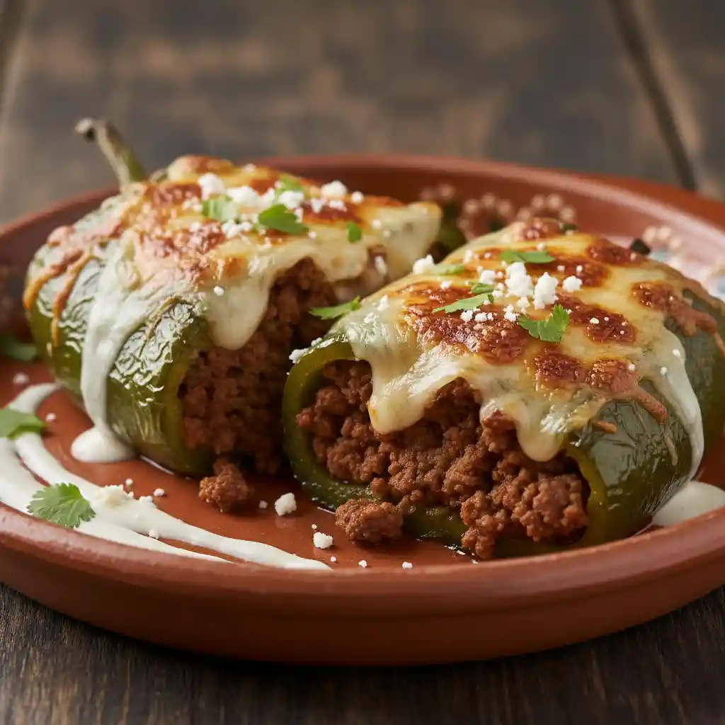 This stunning hero shot captures two perfectly baked poblano peppers, their vibrant green skins glistening, generously filled with a rich, aromatic ground beef mixture and topped with perfectly melted, bubbly cheese. The artful arrangement on a rustic plate, accented by fresh cilantro and a lime wedge, invites you to savor the complex, savory flavors that make this dish an effortlessly delicious Mexican comfort food.