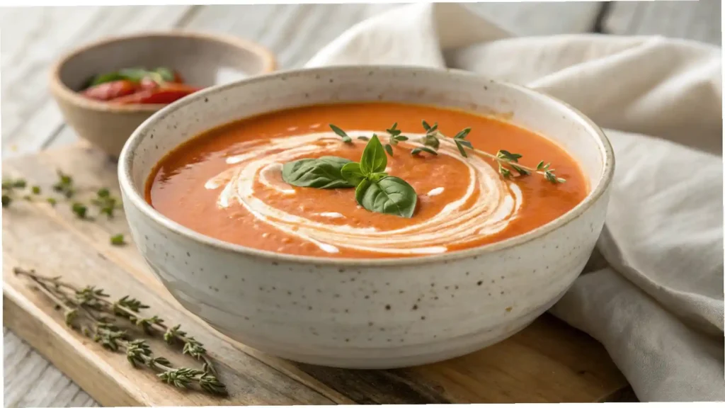 "A close-up, overhead view of a steaming bowl of vibrant orange-red tomato bisque soup, garnished with a swirl of fresh cream and green basil leaves, set on a light wooden table with a rustic linen napkin and cherry tomatoes in the soft background."