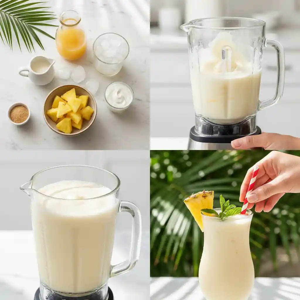 "A four-panel collage illustrating the step-by-step process of making a Virgin Piña Colada. The first panel shows a flat lay of ingredients: frozen pineapple, ice, pineapple juice, coconut milk, and sweetener on a marble surface. The second panel is a close-up of a blender vigorously mixing the ingredients. The third panel shows the smooth, creamy blended mixture inside the blender pitcher. The fourth panel features hands garnishing a frosted glass filled with the finished drink with a pineapple wedge and mint sprig."