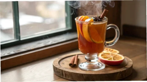 " Wassail Recipe A clear, artisanal glass mug filled with steaming, amber-colored Wassail, beautifully garnished with fanned apple slices, a spiral orange peel, and a cinnamon stick. The mug sits on a wooden coaster on a dark walnut table, with a softly blurred background featuring warm, festive holiday elements like candlelight and greenery Wassail Recipe "