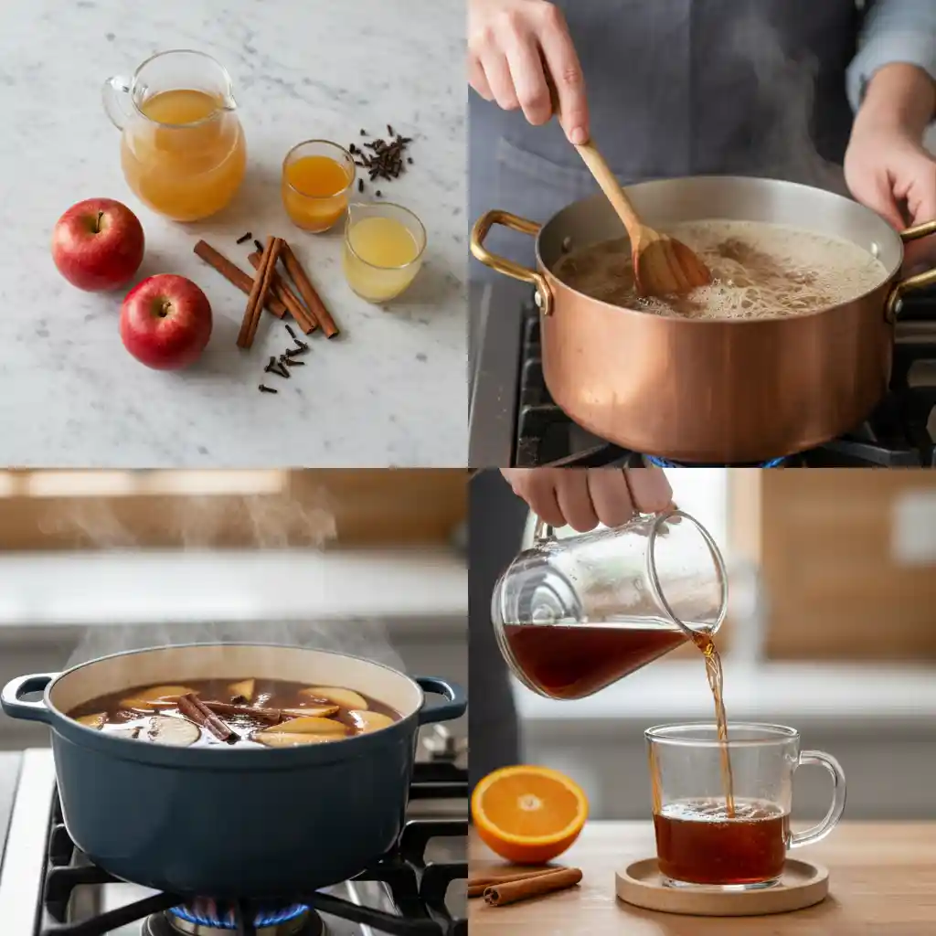 "A four-panel photographic collage illustrating the Wassail recipe preparation. The top-left panel shows a flat lay of fresh ingredients: red apples, cinnamon sticks, apple cider, orange juice, and lemon juice beautifully arranged on a marble surface. The top-right panel captures hands gently stirring simmering Wassail in a gleaming copper pot with a wooden spoon. The bottom-left panel features the Wassail mixture gently simmering with cinnamon sticks and apple slices in a rustic cast iron pot on a stovetop. The bottom-right panel shows hands carefully pouring the finished Wassail into a clear glass mug, ready for serving and garnished."