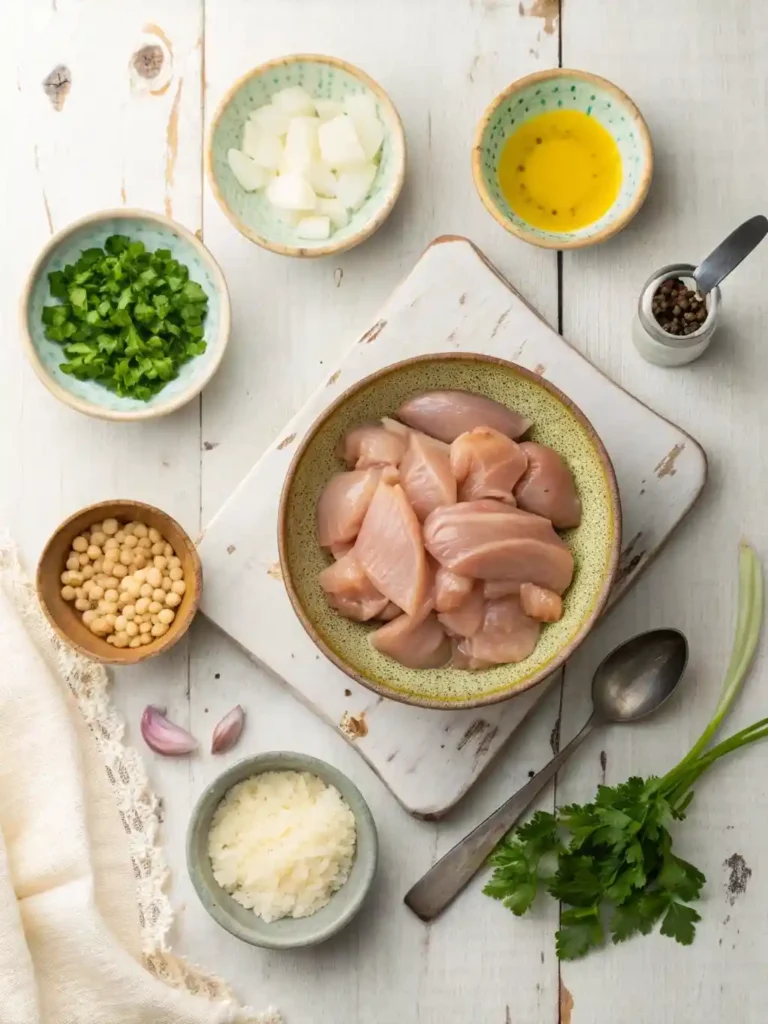 beautifully arranged flat lay photograph of all the key ingredients for white chicken chili, including chicken pieces, chopped yellow onion, minced garlic, diced poblano pepper, olive oil, chicken broth, Great Northern beans, and cannellini beans, all displayed on a rustic wooden background.