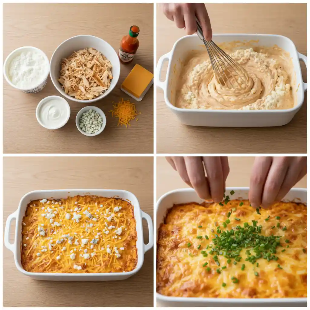 "A four-panel process collage illustrating the making of healthy buffalo chicken dip. The panels show ingredients in a flat lay, mixing the dip in a bowl, the dip in a baking dish topped with cheese, and hands garnishing the finished dip with fresh chives."