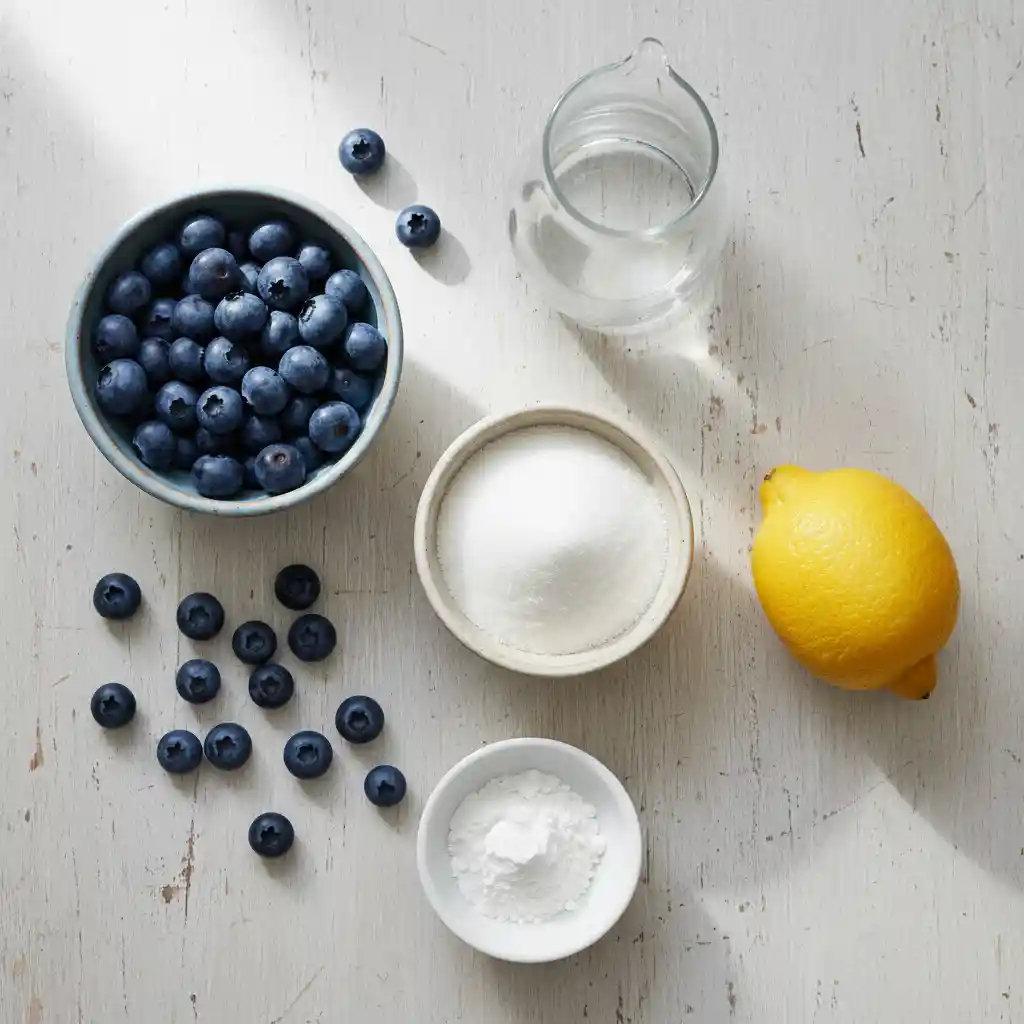"A beautifully arranged flat lay of key ingredients for blueberry syrup: fresh blueberries in a white ceramic bowl, granulated sugar in another, a clear glass carafe of water, a whole lemon, and a small bowl of cornstarch, all on a light wooden surface."
