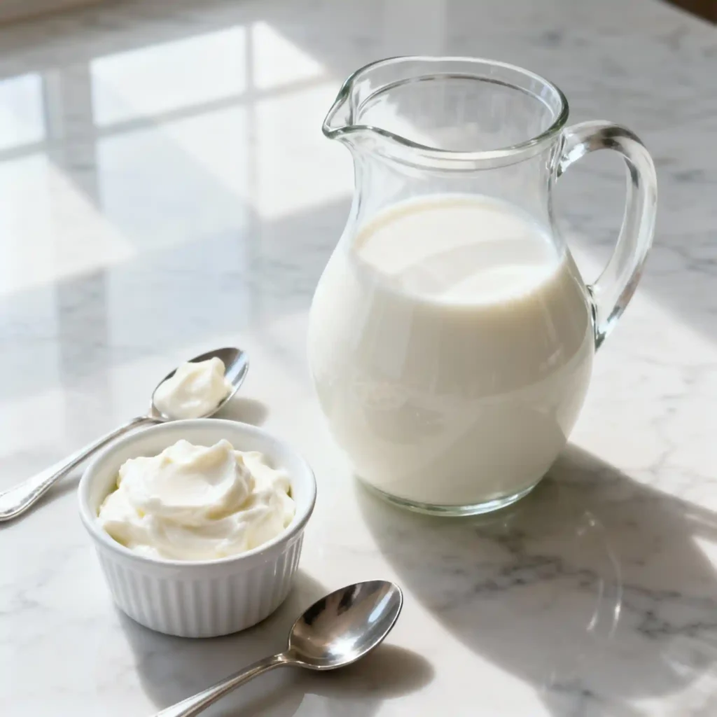"A flat lay image displaying the two key ingredients for homemade Instant Pot yogurt: a clear glass jug filled with whole milk and a small white ramekin containing plain yogurt with a silver measuring spoon, all arranged on a light marble surface."