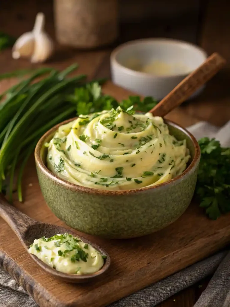 A rustic ceramic bowl filled with creamy, vibrant green Cowboy Butter, richly studded with finely chopped fresh herbs and minced garlic, resting on a dark wooden surface. A small wooden spoon is partially submerged in the butter.