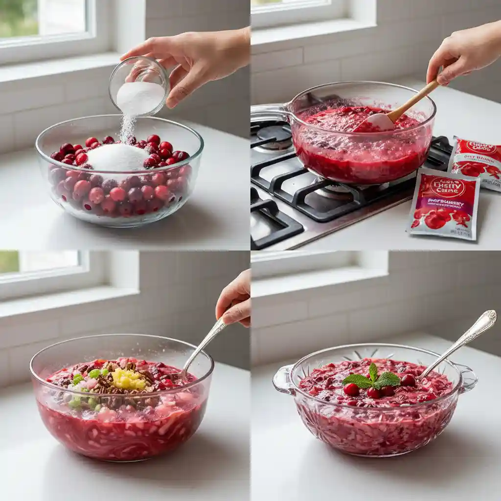 "A four-panel process collage illustrating the steps to make Cranberry Jello Salad. Panel 1 displays a flat lay of ingredients: cranberries, sugar, water, gelatin, and an orange. Panel 2 shows a hand whisking red gelatin liquid in a saucepan. Panel 3 features a glass bowl of cooling gelatin mixture with a thermometer. Panel 4 depicts a hand zesting an orange over the finished, set Jello salad."